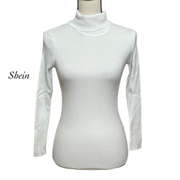 Shein Ivory Ribbed Lightweight Turtleneck Long Sleeve Bodycon Sweater Size S - Picture 1 of 7